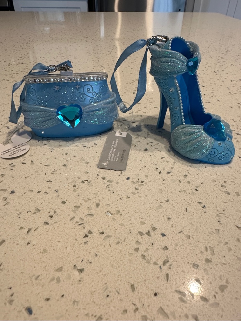 Disney- Cinderella Blue Glitter Jeweled High Heel and Purse Ornament Set